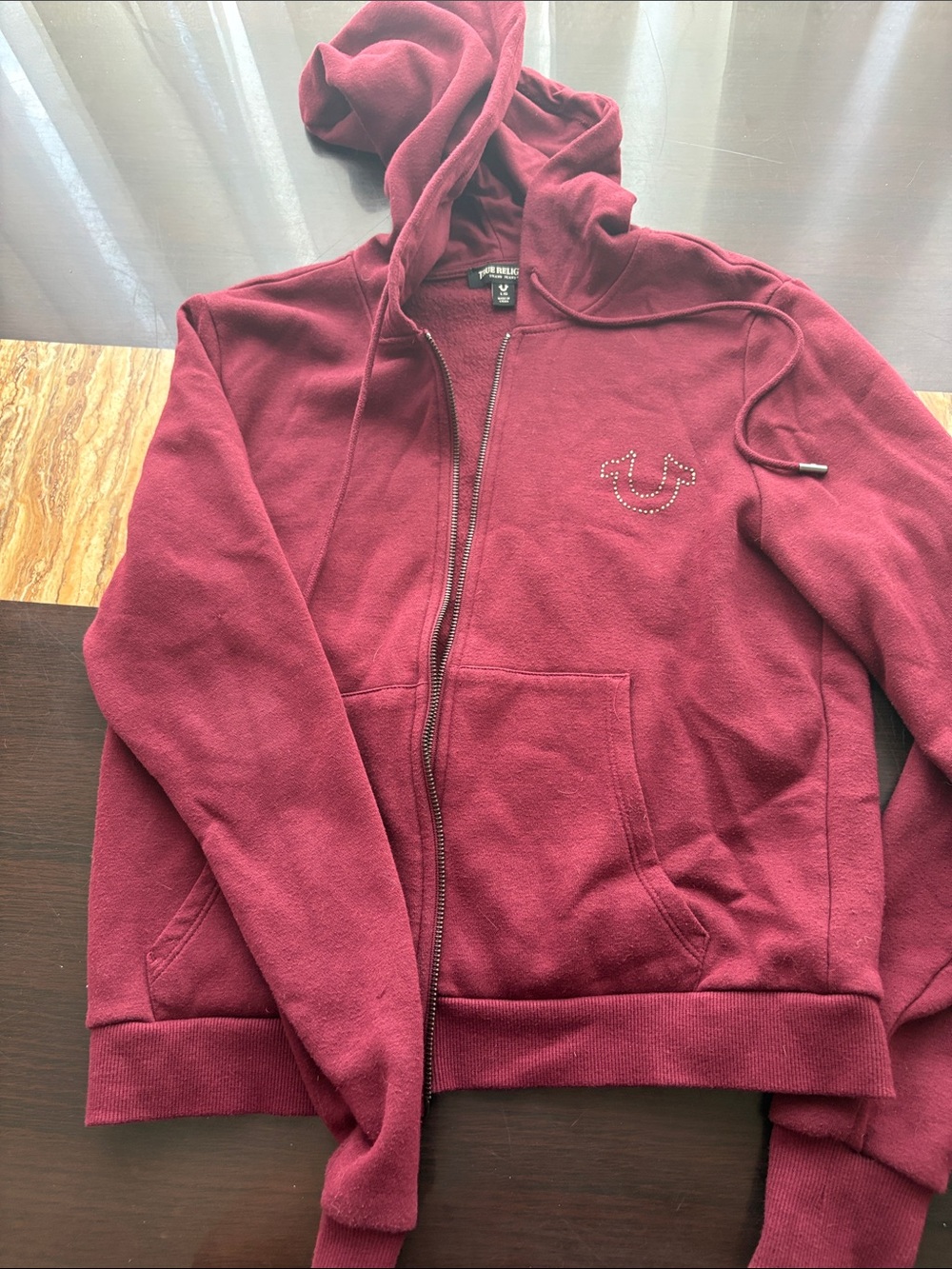 True Religion Burgundy Rhinestone Logo Zip Hoodie